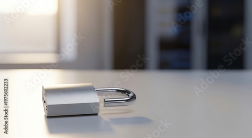 A silver padlock lies open on a bright reflective surface security unlocked