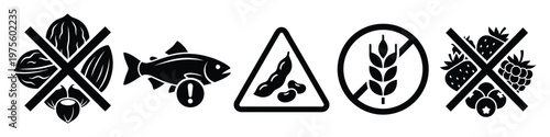 Collection of food allergy icons including nuts fish soy gluten and berries for use in packaging restaurant menus or dietary information signage