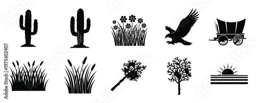 Collection of western desert plants and animals, including cactus, eagle, wagon, and grass silhouettes, ideal for graphic design projects and thematic decorations.