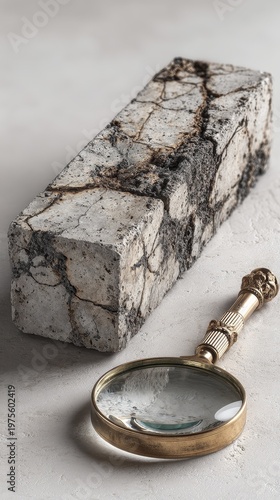 Single ytong block on rotating inspection platform with magnifying lamp revealing surface cracks and textures, minimalistic white background, high-detail industrial macro inspection.