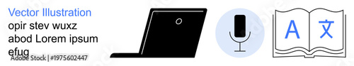 Language learning, digital tools, speech-to-text, text translation, online education, programming. Displayed elements include a laptop, microphone icon and book with translation symbols. Language