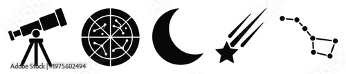 Astronomy themed icon set featuring a telescope, star map, crescent moon, shooting star, and constellation, perfect for educational resources, scientific designs, and celestial observation