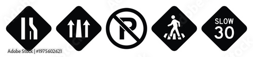 Set of fundamental monochrome road and traffic signs illustrating lane merge, straight lanes ahead, no parking, pedestrian crossing, and slow speed for various safety and informational