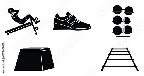 A collection of fitness equipment icons for various gym activities and training exercises, perfect for sports related branding, healthy lifestyle marketing, and workout program materials.