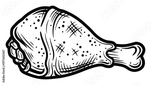 Black and white line drawing of a savory cooked chicken drumstick, perfect for restaurant menus, food packaging, culinary blogs, and meal related advertising.