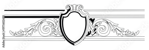 Ornate black and white shield emblem with elegant scrollwork and horizontal line accents, perfect for classical certificates, sophisticated invitations, or luxury branding elements.
