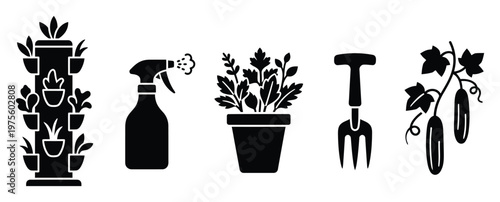 Comprehensive gardening equipment and plant icons set featuring vertical farming solutions, watering tools, potted herbs, hand implements, and growing vegetables for homesteading
