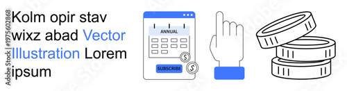 Financial planning, banking, budgeting, payment management, savings, business. Visual elements include a calendar, coins and a hand pointing. Financial planning and banking concept