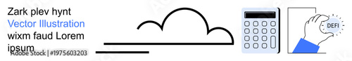 Cloud computing, data management, digital tools, online access, business concepts, storage solutions. A cloud icon, calculator and hand pressing an open button. Cloud computing and data management