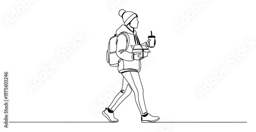 Individual in a warm hat and backpack strolling with a takeaway food container and beverage cup, perfect for lifestyle blogs, food service promotions, or urban commuting themes.