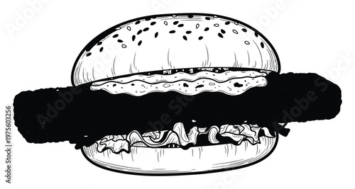 Delicious monochrome fast food burger sketch with a large patty and fresh toppings, perfect for restaurant menus or foodrelated promotions