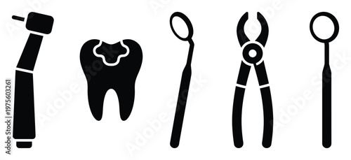 Collection of essential dental instruments including a handpiece, tooth with cavity, mirrors, and extraction forceps for illustrating oral health care and professional dentistry practices