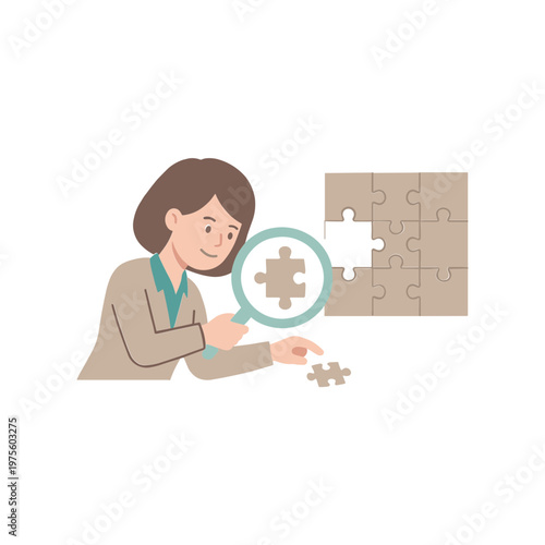 Woman examines puzzle piece closely with magnifying glass in hand
