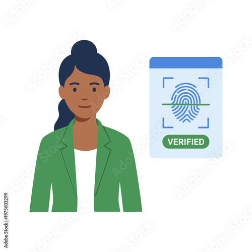 A cartoon woman with a verified identity document showing a fingerprint.