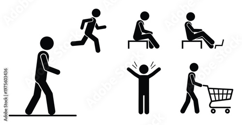 Versatile set of black stick figure pictograms illustrating common human actions such as walking, running, sitting, computing, celebrating, and shopping, perfect for infographics and mobile