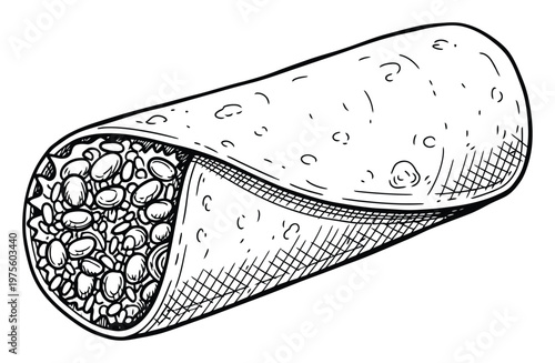 Delicious wrapped burrito filled with savory beans and rice, hand drawn sketch style for restaurant menus, recipe blogs, or cooking books