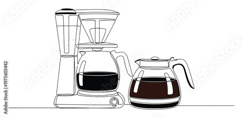 A simple line drawing depicting a modern drip coffee machine alongside two carafes filled with freshly brewed coffee, ideal for illustrating morning beverage preparation or kitchen
