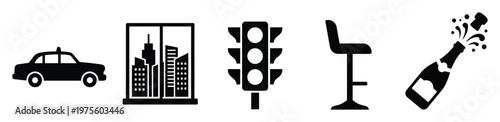 Modern black and white vector icons depicting a city taxi, urban skyline, traffic signal, tall bar stool, and celebratory champagne bottle, perfect for digital and print design projects