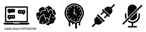 Professional graphic symbols representing digital communication problems, critical time constraints, technical disconnection issues, and discarded project ideas for modern digital concepts.