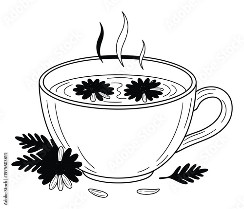 Warm comforting herbal tea with star anise and leaves, perfect for health and wellness related content, recipe books, or cozy autumn and winter promotions.