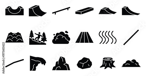 A robust collection of outdoor adventure icons featuring skate park obstacles, natural terrain, and winter sports elements, suitable for website design, mobile apps, and dynamic infographic