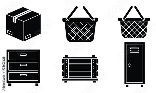 Collection of essential black silhouette icons representing various storage containers, shipping boxes, baskets, and furniture for ecommerce, logistics, and organizing concepts