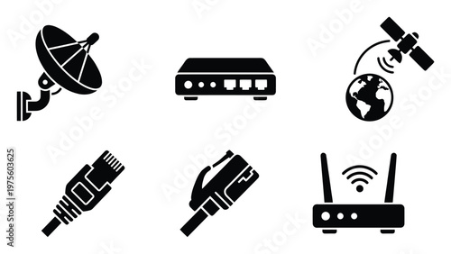 Essential technology network communication icons including satellite internet devices, routers, and ethernet plugs for digital connectivity and data infrastructure projects