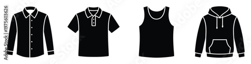 Essential mens apparel vector icons collared shirt, polo shirt, tank top, hoodie, suitable for fashion websites, clothing catalogs, graphic design projects or modern style guides