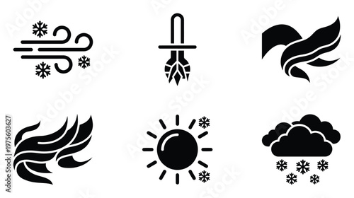 Collection of diverse weather and nature icons featuring wind, snow, sun, clouds, brewing elements, and abstract natural forms, perfect for informational graphics and digital interfaces.