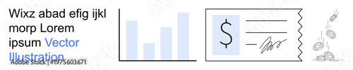 Financial growth, business operations, payment systems, wealth management, economic tracking, transaction concepts. Bar graph, monetary check falling coins. Financial growth and business operations