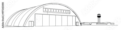 Sleek continuous line drawing depicting a modern aircraft hangar with an arched roof alongside an air traffic control tower, ideal for industrial design, aviation, or architectural concepts.