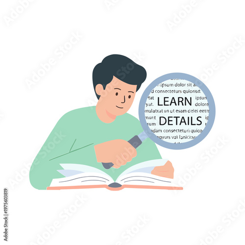 A man reads an open book while sitting focused indoors with a speech bubble learn details