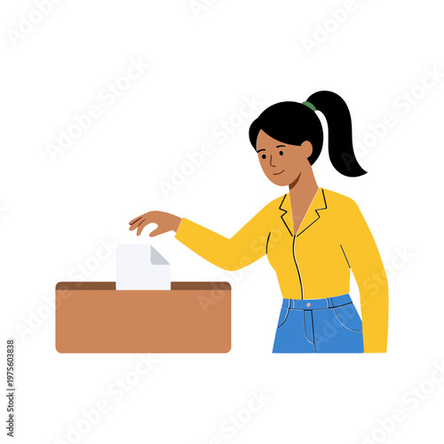 A woman is casting her vote by inserting a ballot into a box.