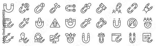 Set of 30 outline icons related to magnet. Linear icon collection. Editable stroke. Vector illustration