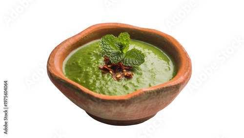 Photos Green mint chutney with chili flakes in a rustic clay bowl, isolated on transpar