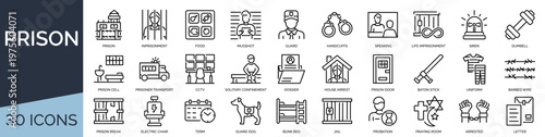 Set of 30 outline icons related to prison. Linear icon collection. Editable stroke. Vector illustration