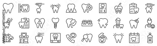 Set of 30 outline icons related to tooth. Linear icon collection. Editable stroke. Vector illustration