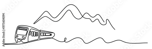 Single line drawing of a modern electric train traveling through a stylized mountain landscape, ideal for transportation industry branding and ecofriendly journey advertisements.