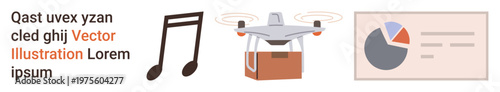 Musical creativity, quadcopter technology, logistics services, data visualization, analytics, modern tools. Music note, delivery Quadcopter and pie chart graph. Drone technology and logistics