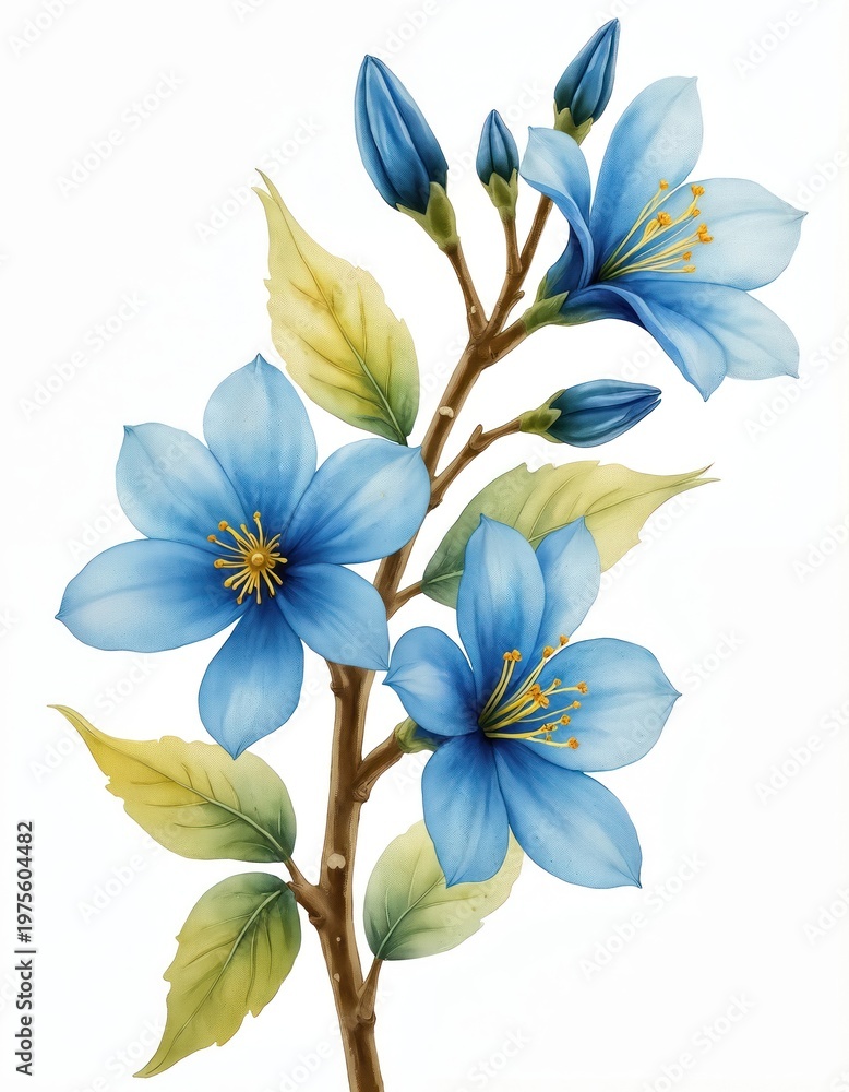 Obraz premium Watercolor illustration depicts branch with blooming blue flowers, yellow leaves. Delicate petals, buds detail natural floral element for design. Botanical art features soft hues on white background.