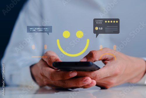 Customer satisfaction feedback concept user giving five star rating review, smiley icon interface, online service experience, digital marketing reputation, CRM evaluation and client engagement