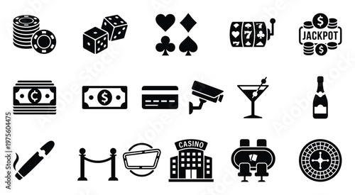 Essential gambling and casino themed icons portraying poker chips, dice, playing cards, slot machine, money, and luxury items, suitable for entertainment applications and user interface