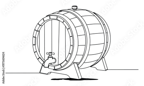 Single continuous line drawing of a classic wooden barrel with a tap for storing wine beer or whiskey, ideal as a graphic resource for beverage industry designs, bar decorations, or