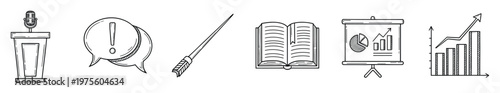 Hand drawn doodle style icons depicting essential elements for effective communication, business presentations, educational concepts, and data analysis for various digital and print media
