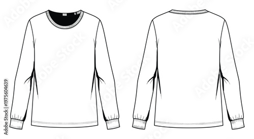 White long sleeve crew neck tshirt template for apparel design and clothing manufacturing, front and back views displaying garment details for product development and technical