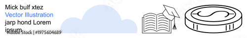 Education, finance, digital learning, cloud storage, knowledge sharing, investment. Open book with a graduation cap, cloud shape and coin. Education and finance concepts