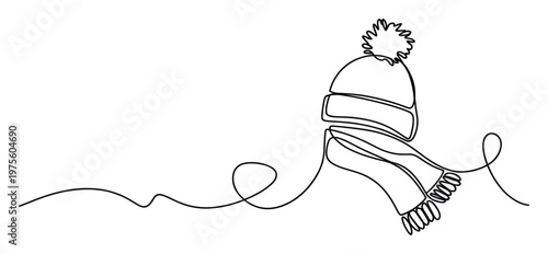 Elegant continuous line drawing of a warm winter beanie hat with a pompom and a flowing scarf, ideal for seasonal greetings, fashion blogs, or minimalist decor