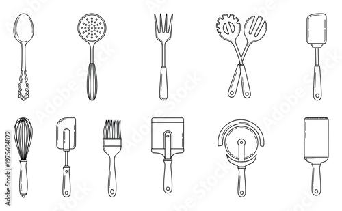 A comprehensive collection of essential kitchen utensils and baking tools presented in a simple line drawing style, perfect for cooking guides, recipe books, or culinary blog graphics