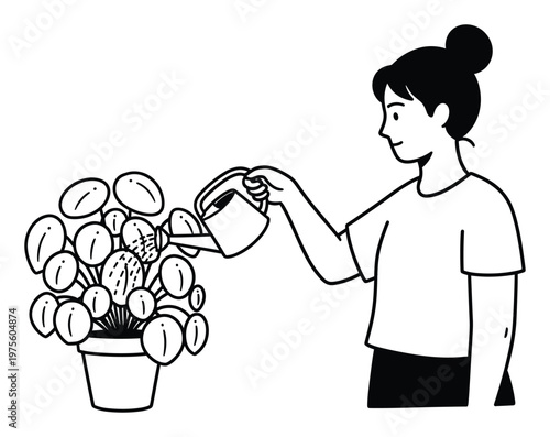 A woman with her hair in a bun meticulously waters a potted houseplant using a small watering can, symbolizing home care and the joy of nurturing nature for gardening themed content.