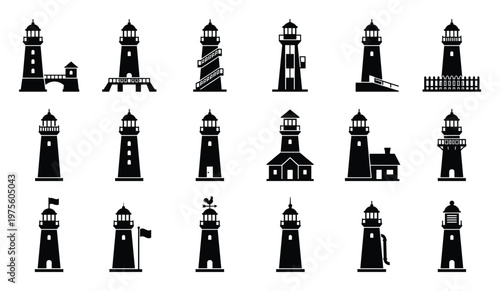 Collection of diverse lighthouse silhouettes with various architectural styles perfect for nautical graphic resources maritime projects and coastal theme designs
